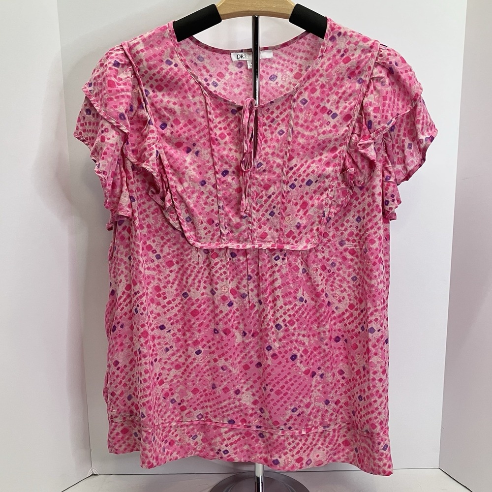 DR2 Womens Pink Ruffle Flutter Short Sleeve Keyhole Tie Blouse Shirt Size L